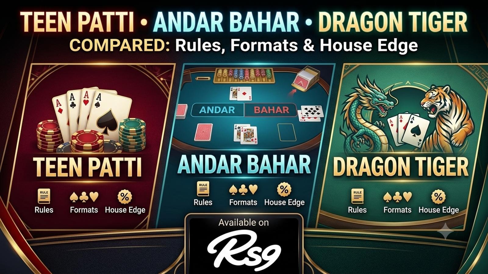 Teen Patti, Andar Bahar and Dragon Tiger tables in the rs9 game app lobby