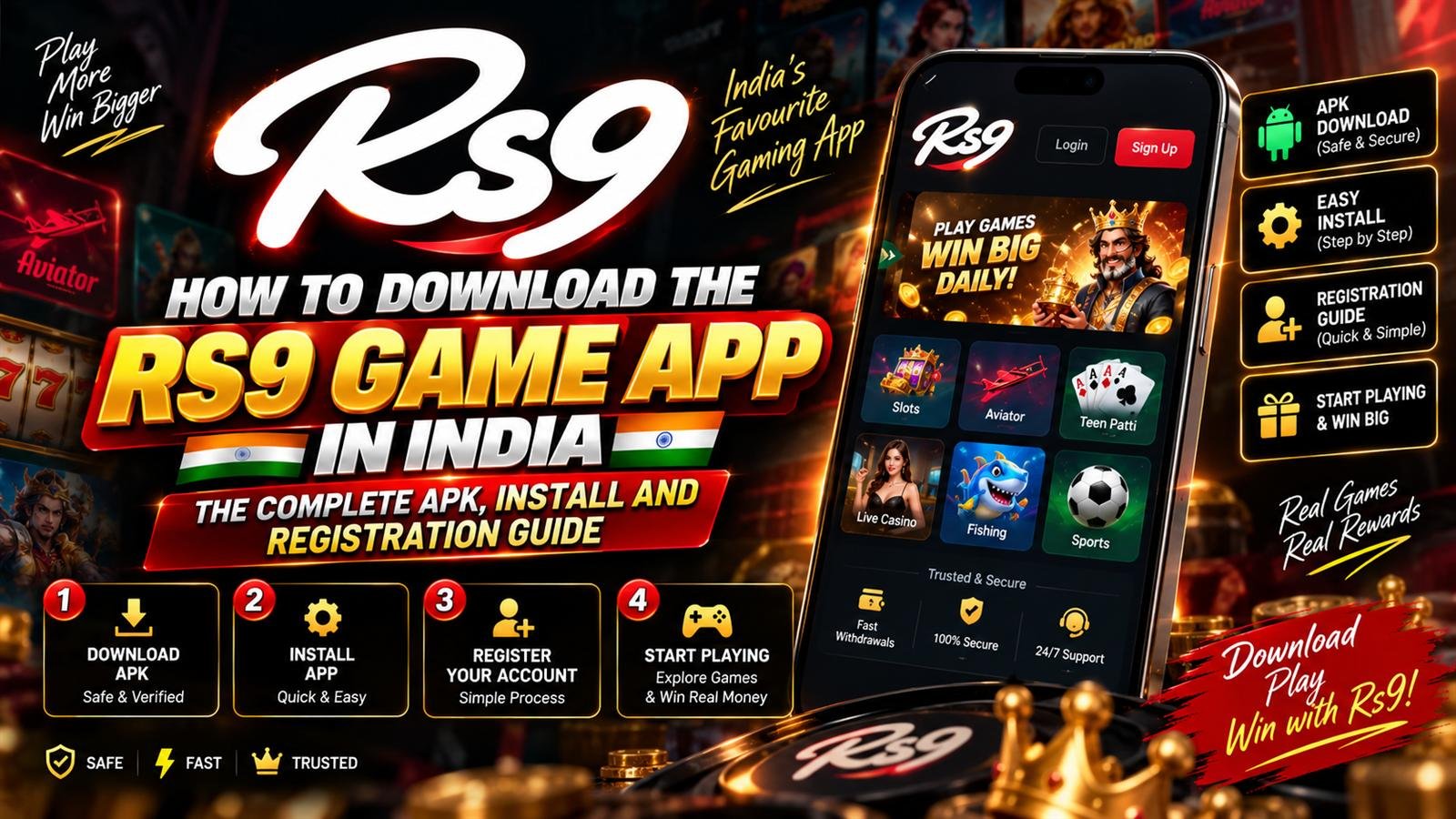 rs9 game app download guide banner showing the app lobby and the four setup steps