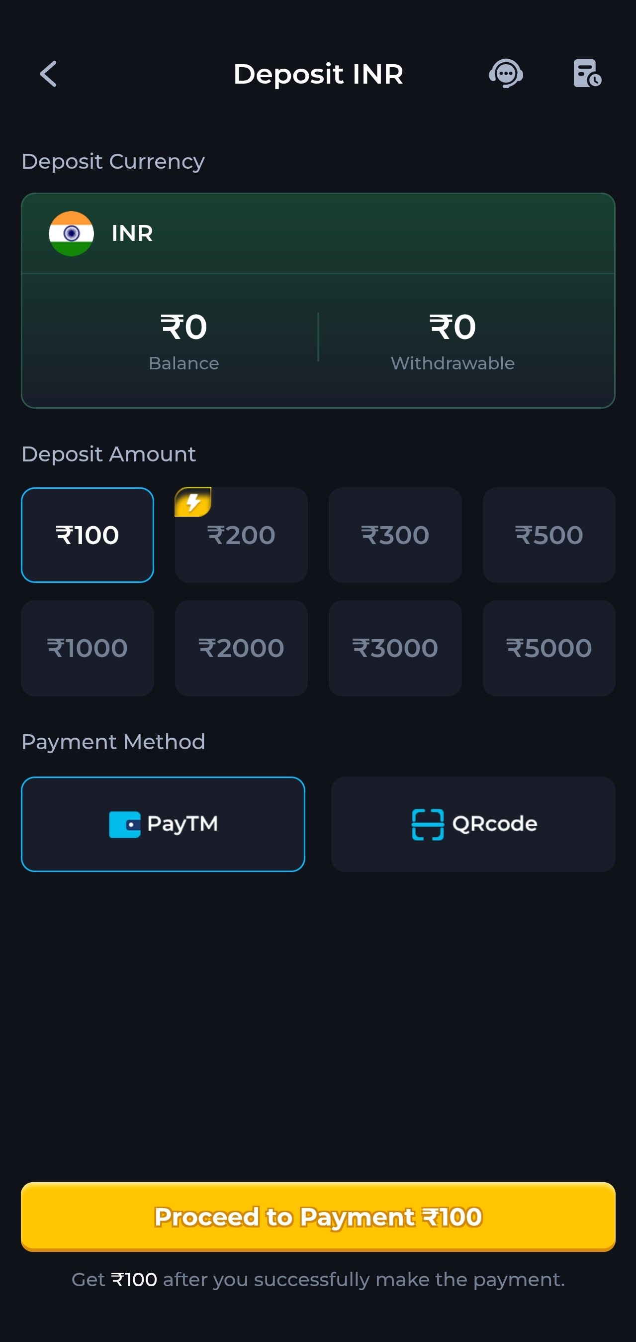 rs9 app deposit screen with rupee amounts and UPI payment options